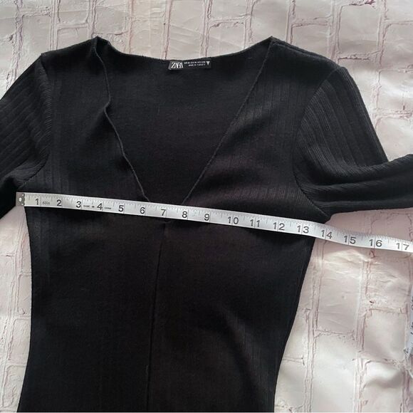 ZARA Black Ribbed Knit Sweater Midi Dress – Long Sleeve V-Neck with Front Slit M - Picture 6 of 14